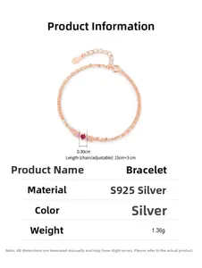 Detail of rose gold S925 silver double-layer bracelet with red gemstone and S925 stamp
