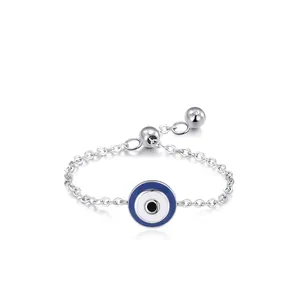 925 Sterling Silver Evil Eye Chain Ring Adjustable Enamel Blue Eye Link Ring For Women Personalized Minimalist Jewelry Gift