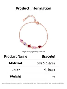 Detailed S925 silver bracelet specifications with rose gold plating and pink zircon stones