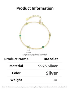 Detailed size chart of S925 sterling silver gold chain bracelet with green gemstones