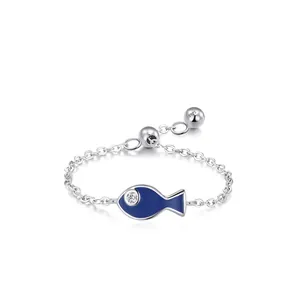 S925 Sterling Silver Cute Blue Enamel Fish Chain Ring For Women Adjustable Rhinestone Eye Animal Dainty Fashion Jewelry Gift