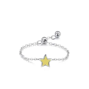 925 Sterling Silver Adjustable Chain Ring For Women Yellow Enamel Star Pendant Minimalist Finger Ring Jewelry Gift