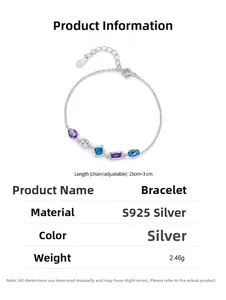 Macro shot of S925 sterling silver bracelet with multi-colored geometric zirconia stones