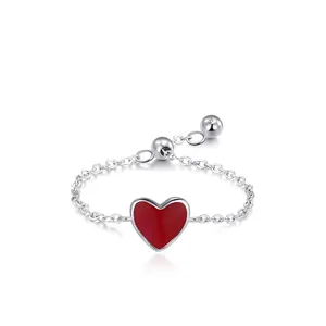 925 Sterlingsilber Rotes Herz Verstellbarer Ring Für Damen Minimalistisch Süßer Emaille Herz Kette Ring Mode Schmuck Zubehör Geschenk