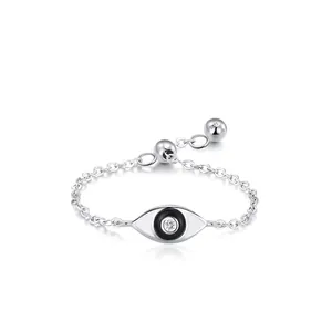 925 Sterling Silver Evil Eye Adjustable Chain Ring For Women Personalized Sweet Cool Rhinestone Enamel Finger Ring Jewelry