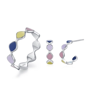 S925 Sterling Silber Schmuckset mit bunten Emaille-Wellenringen und Ohrringen