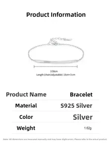 Detail of 925 sterling silver smile bar bracelet with size dimensions and specifications