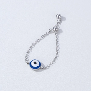 Adjustable 925 sterling silver evil eye chain ring with blue enamel charm and sliding beads