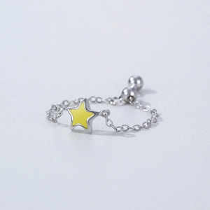 Adjustable S925 sterling silver chain ring featuring a bright yellow enamel star charm