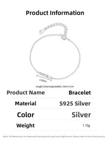 Dettagli bracciale in argento S925 con barra da 1,25 cm e catena regolabile da 15+3 cm di lunghezza