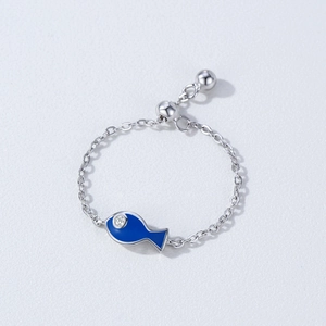 Adjustable S925 sterling silver chain ring with a blue enamel fish charm and zircon eye
