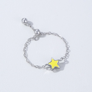 Minimalist 925 sterling silver chain ring with yellow enamel star, adjustable size