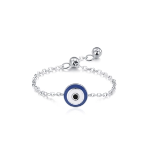 Adjustable S925 sterling silver chain ring featuring a blue evil eye lucky charm