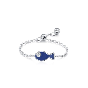 Adjustable S925 sterling silver chain ring with a blue enamel fish charm and zircon