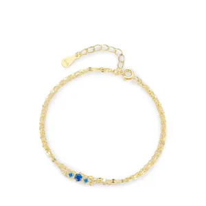 925 Sterling Silver Blue Zirconia Double Layer Bracelet For Women Gold Plated Geometric Circle Chain Fashion Jewelry Gift