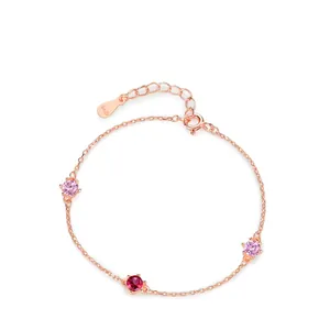 925 Sterling Silver Rose Gold Plated Pink Red Zirconia Adjustable Bracelet For Women Sweet Elegant Minimalist Jewelry Gift