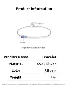 Detail specifications of S925 silver bracelet with colorful zircons and 15+3cm length