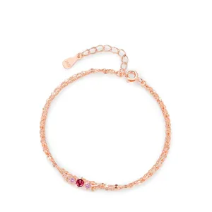 925 Sterling Silver Double Layer Bracelet For Women Rose Gold Plated Sweet Red Pink Zirconia Geometric Chain Jewelry Gift