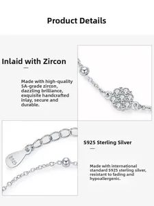 Macro detail of S925 sterling silver chain with 5A zircon flower and S925 hallmark