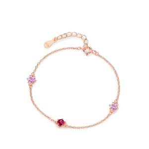 S925 sterling silver rose gold bracelet with pink cubic zirconia on white background
