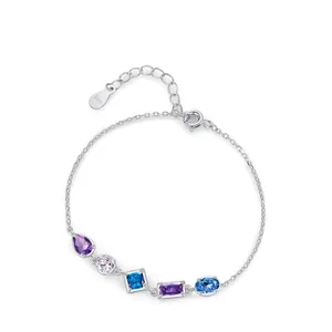 Elegant 925 Sterling Silver Bracelet Colorful Geometric Zirconia Stones Adjustable Chain Fashion Jewelry For Women Gift