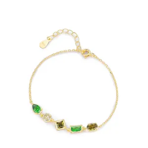 925 Sterling Silver Bracelet For Women Fashion Zirconia Inlaid Geometric Green Stones Colorful Personalized Jewelry Gift