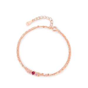 Double-layer S925 sterling silver bracelet in rose gold with red and pink gemstones