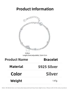 Detail view of S925 silver double-layer bracelet with beads and solitaire crystal pendant