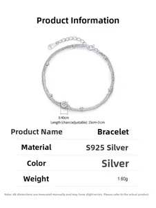 Detail showing S925 sterling silver double-layer bracelet with small beads and round zircon