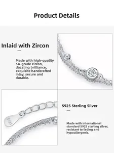 Macro shot of S925 sterling silver double-layer bracelet with 5A zircon and logo tag