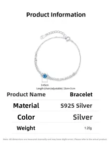 Détails du bracelet en argent S925 avec zircon bleu de 0,45cm et dimensions précises