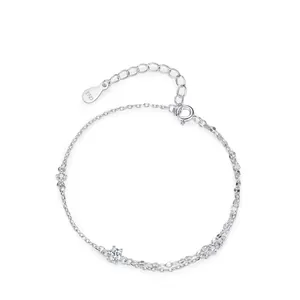 925 Sterling Silver Double Layer Chain Bracelet For Women Round Zirconia Inlaid Adjustable Minimalist Niche Design Jewelry