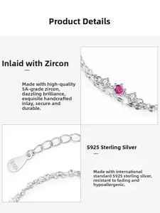 Close-up of S925 sterling silver chain with 5A pink zircon and hallmark tag