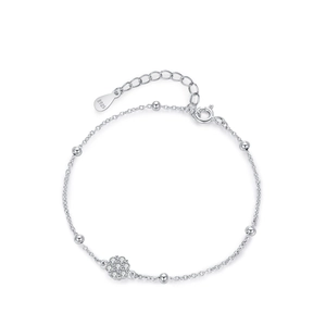 S925 sterling silver flower bracelet with diamonds and adjustable bead chain on white base