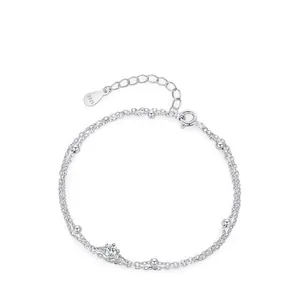 Minimalist 925 Sterling Silver Double Layer Bead Chain Bracelet For Women Simple Zirconia Inlaid Adjustable Round Bead Jewelry