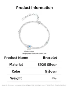 Detailed S925 sterling silver bracelet specs showing 15cm length and 1.58g weight info
