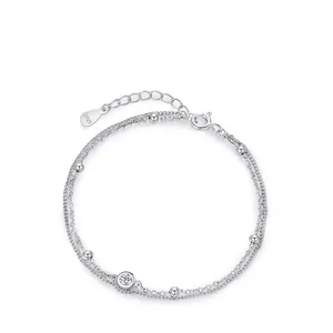 925 Sterling Silver Double Layer Bracelet For Women With Zirconia Inlaid Geometric Bead Chain Adjustable Minimalist Jewelry