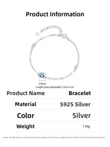 Détail du bracelet en argent 925 avec zircon bleu de 0,5cm et spécifications de taille