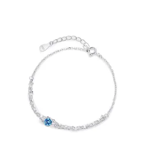 Bracelet Double Couche en Argent Sterling 925 pour Femme Élégant Zirconia Bleu Rond Incrusté Minimaliste Ajustable Bijoux