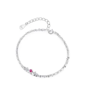 925 Sterling Silver Double Layer Bracelet For Women Rose Red Zirconia Minimalist Adjustable Fine Chain Fashion Jewelry