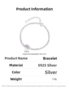 Detail view of S925 sterling silver chain with pink zircon and 15+3cm size specifications