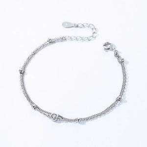 Double-layered S925 sterling silver beaded bracelet with a sparkling zircon centerpiece