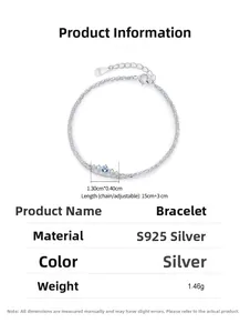 Détail du bracelet double couche en argent S925 avec zircon bleu et dimensions du produit