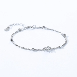 Minimalist S925 sterling silver beaded bracelet with a single round zircon centerpiece