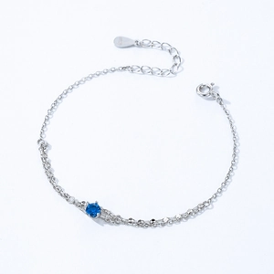 Bracelet en argent S925 avec zircon bleu océan rond et double chaîne asymétrique