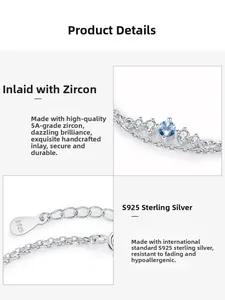 Détail de la chaîne en argent sterling S925 avec zircons bleus et poinçon S925
