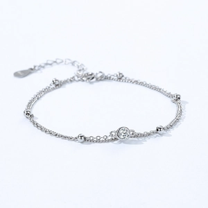 Minimalist S925 sterling silver double layer bracelet with round zircon and silver beads