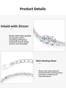 Détail du bracelet cœur en argent S925 avec zircons 5A bleus et transparents