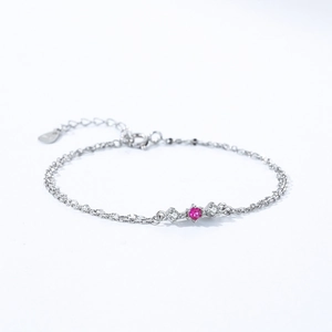 Elegant S925 sterling silver bracelet with rose red zircon and adjustable thin double chain