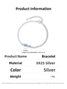 Detail specifications of S925 silver bracelet featuring ice blue stones and dual-layer chain